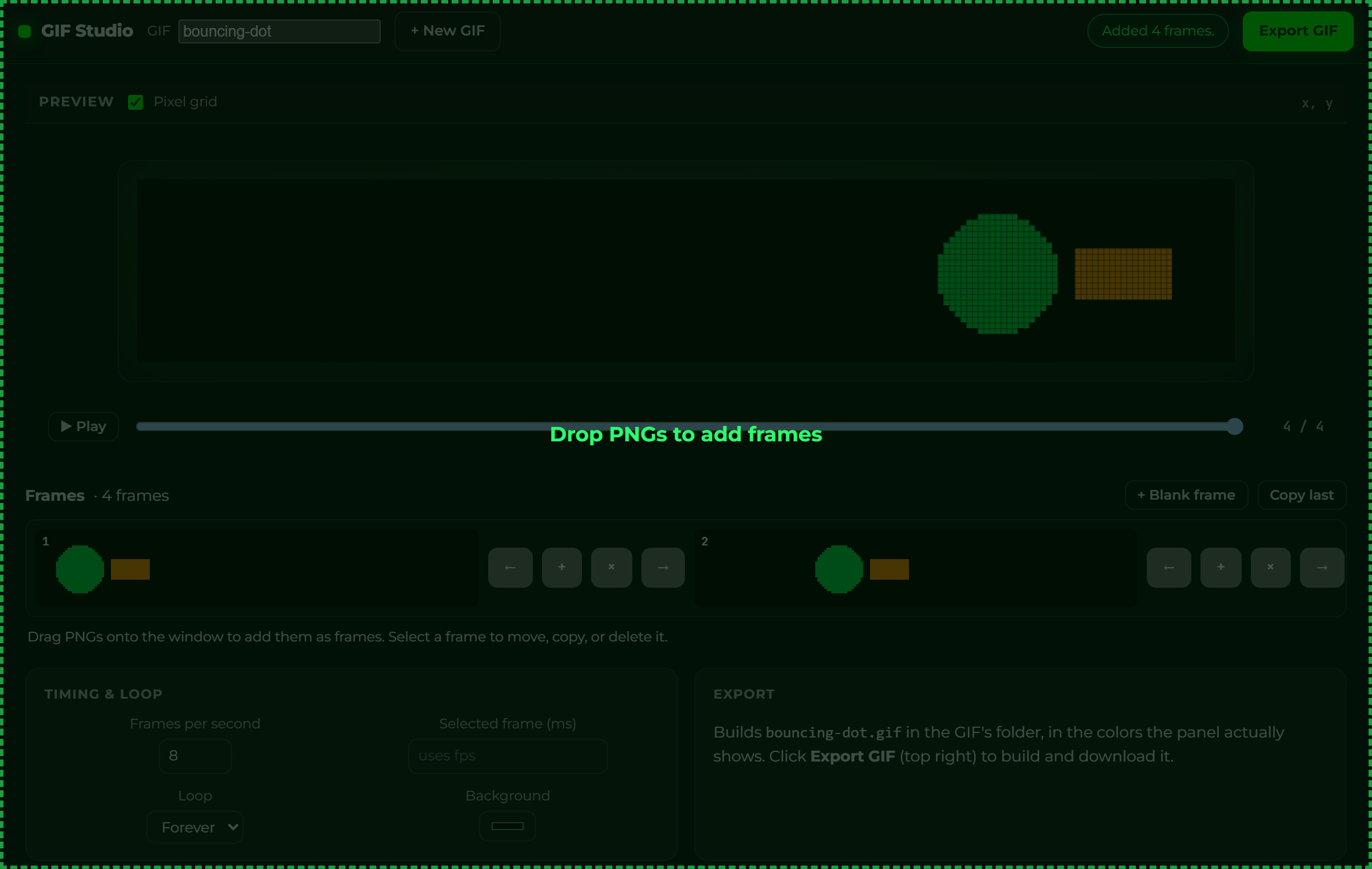 Dragging PNG files over GIF Studio shows a green Drop PNGs to add frames overlay