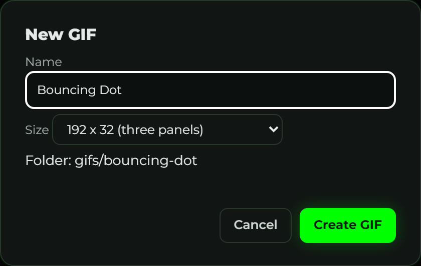 The New GIF dialog: a name field, a size dropdown showing 192 x 32 (three panels), and the folder it will create