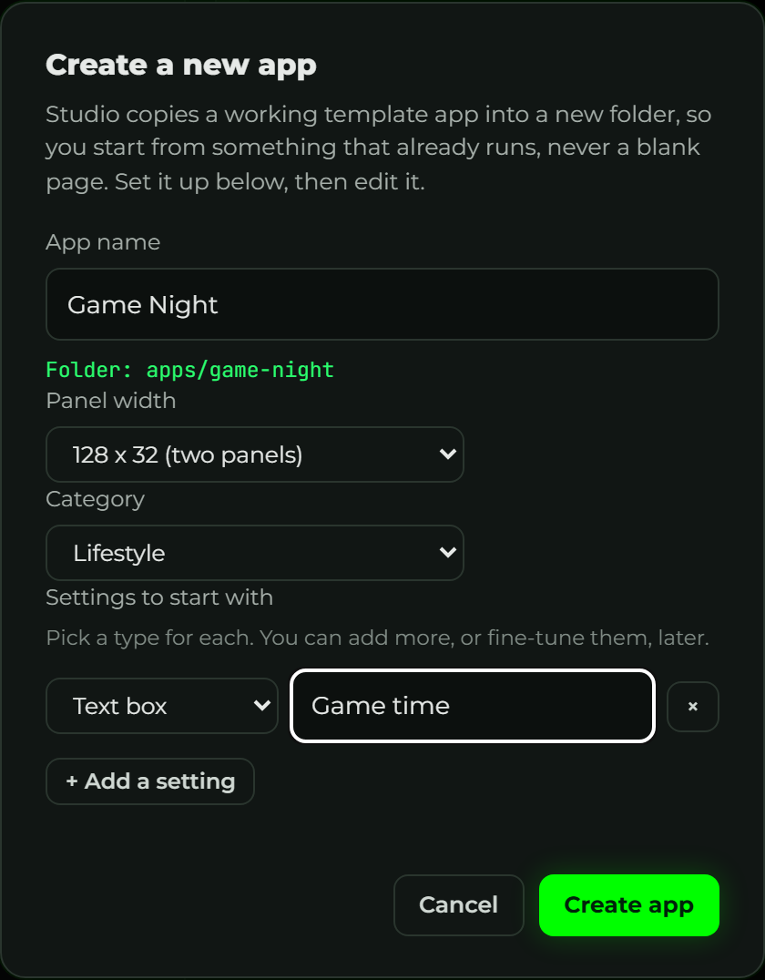 The Create New App dialog: name, panel width, category, and starter settings