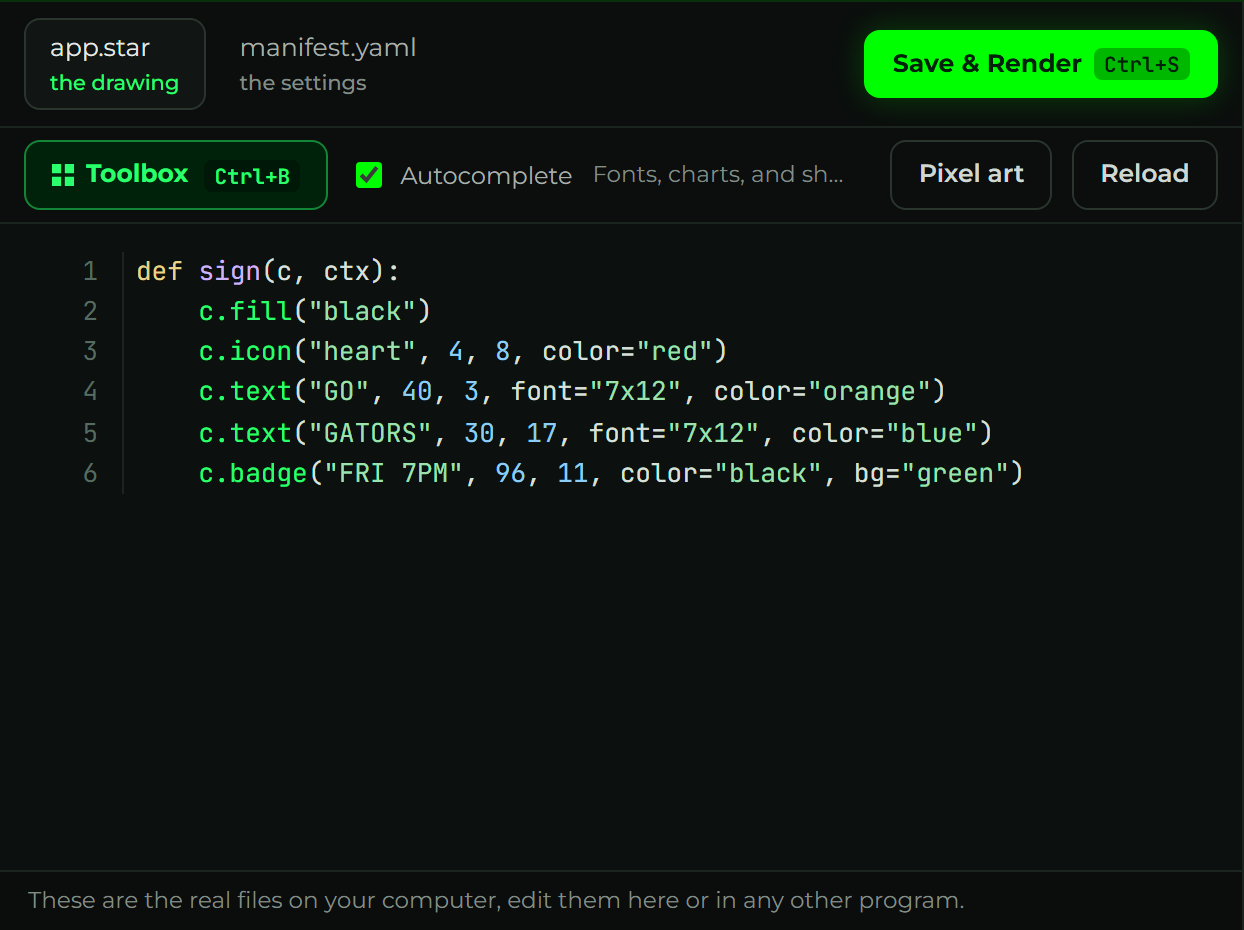 The Studio editor with syntax highlighting: two file tabs, the Toolbox and Save & Render buttons, and colored code