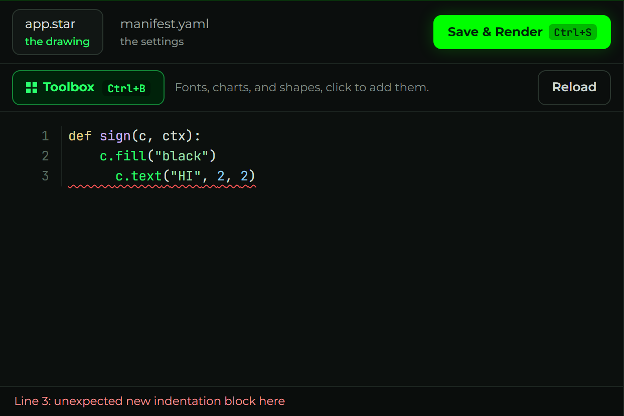 A red wavy underline under a wrongly-indented line, with the message 'Line 3: unexpected new indentation block here'