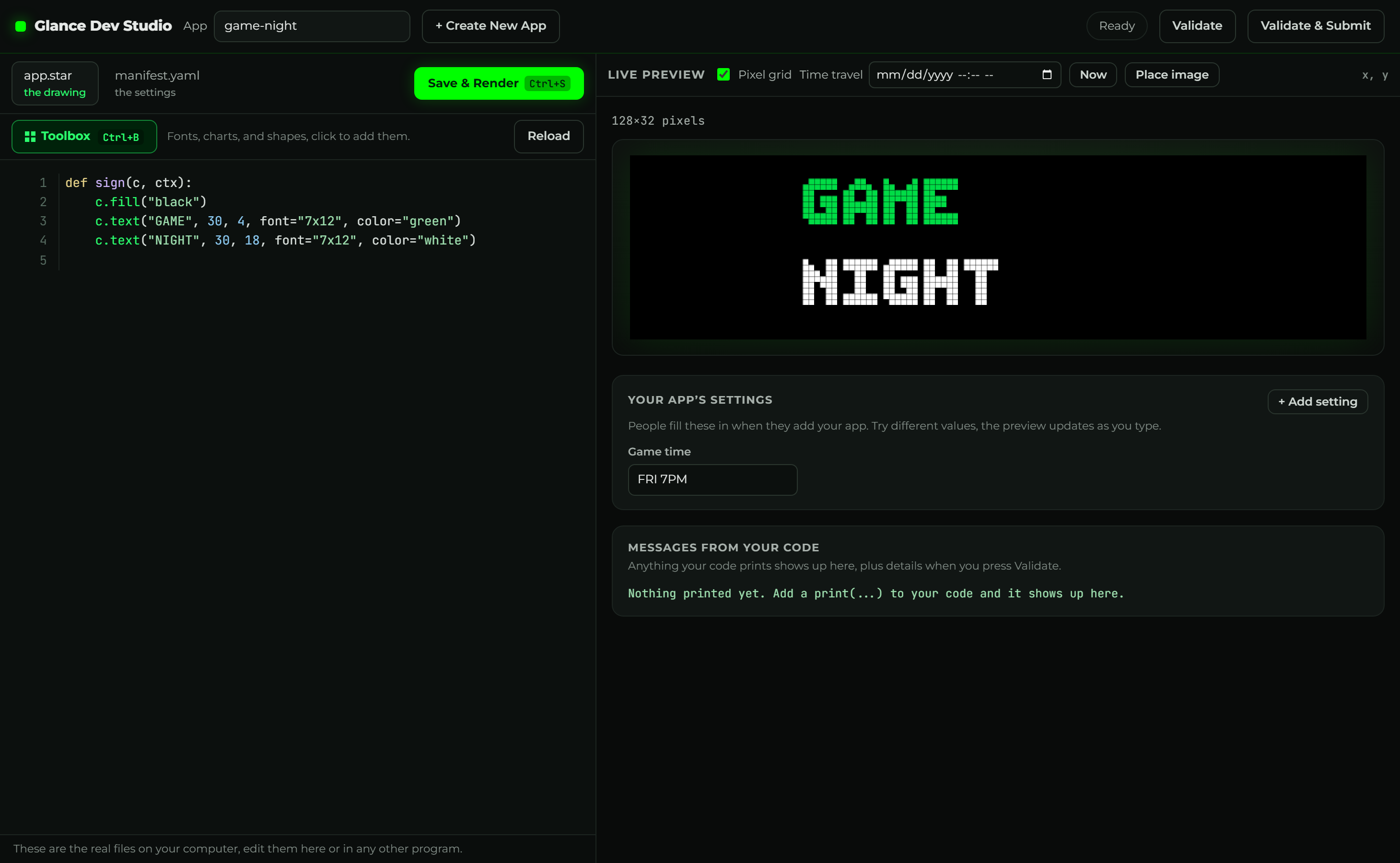 Glance Dev Studio: the Game Night code on the left, the rendered text on the right