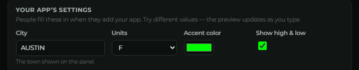 The settings form with text, dropdown, color, and checkbox inputs