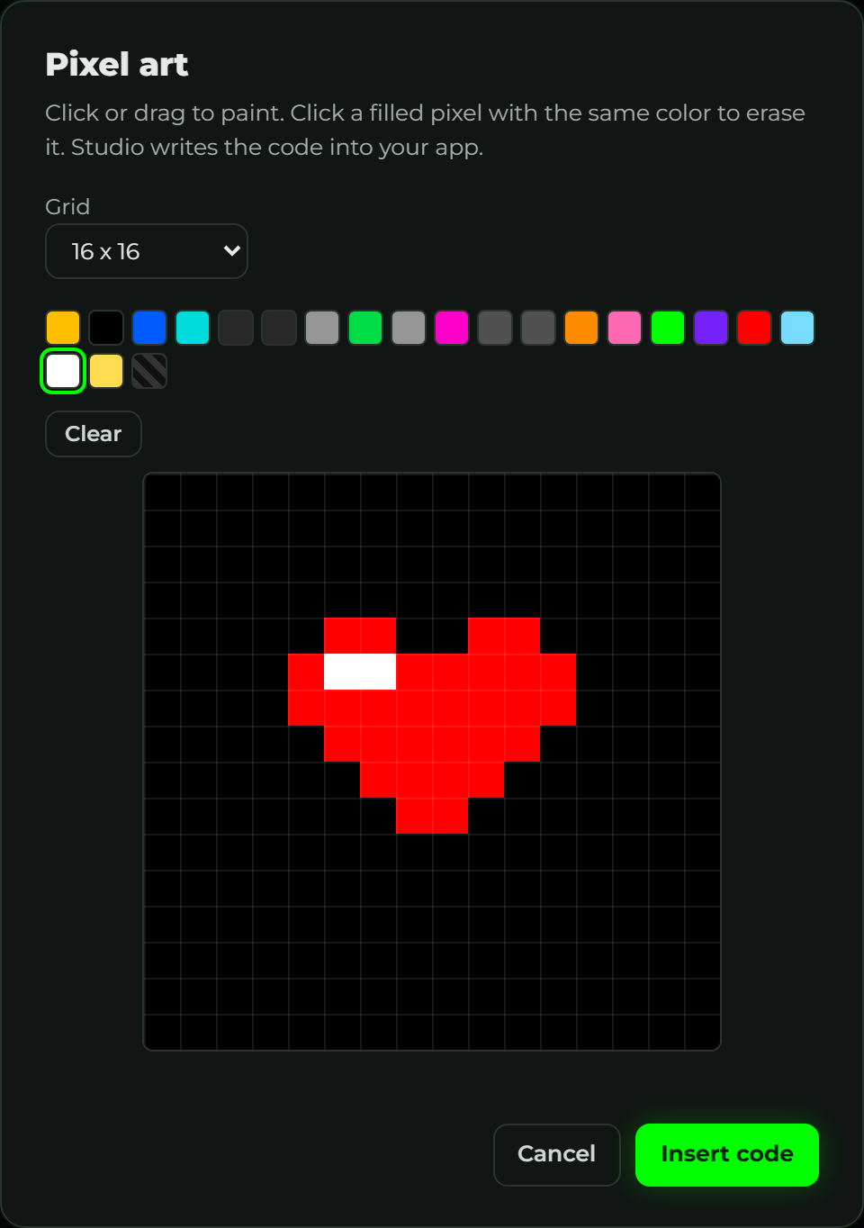 The Pixel art grid editor: a painted red heart with a color palette and a 16 by 16 grid