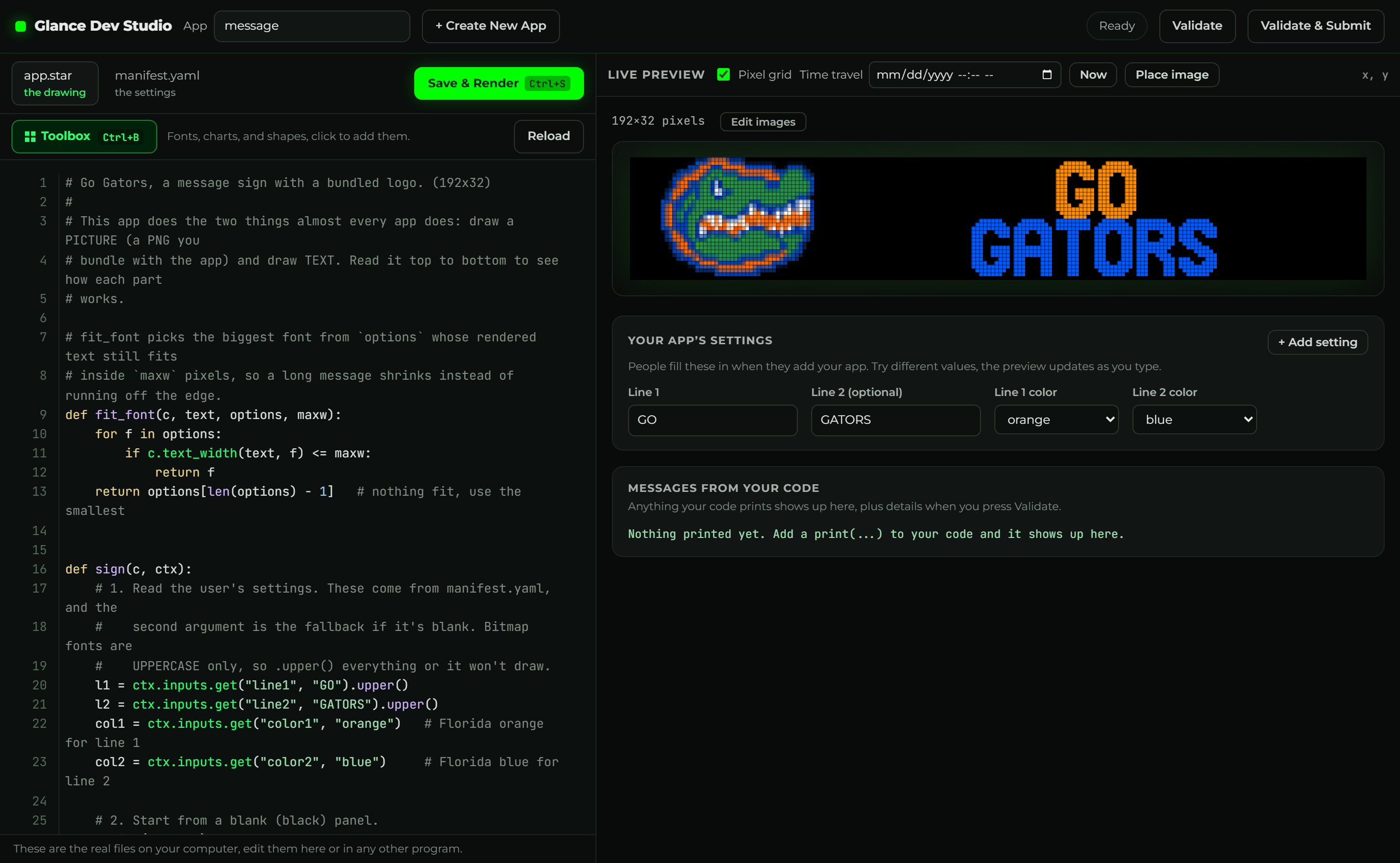 Glance Dev Studio: code on the left, a live preview on the right