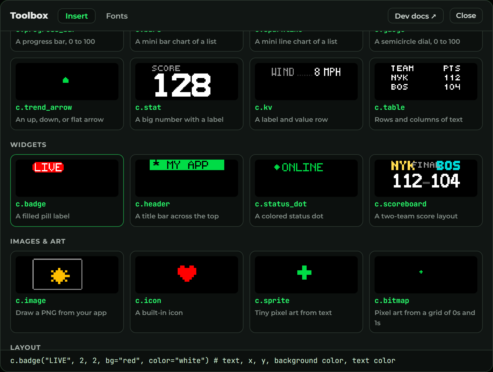 The Toolbox open to the c.badge tile, showing a filled-pill preview