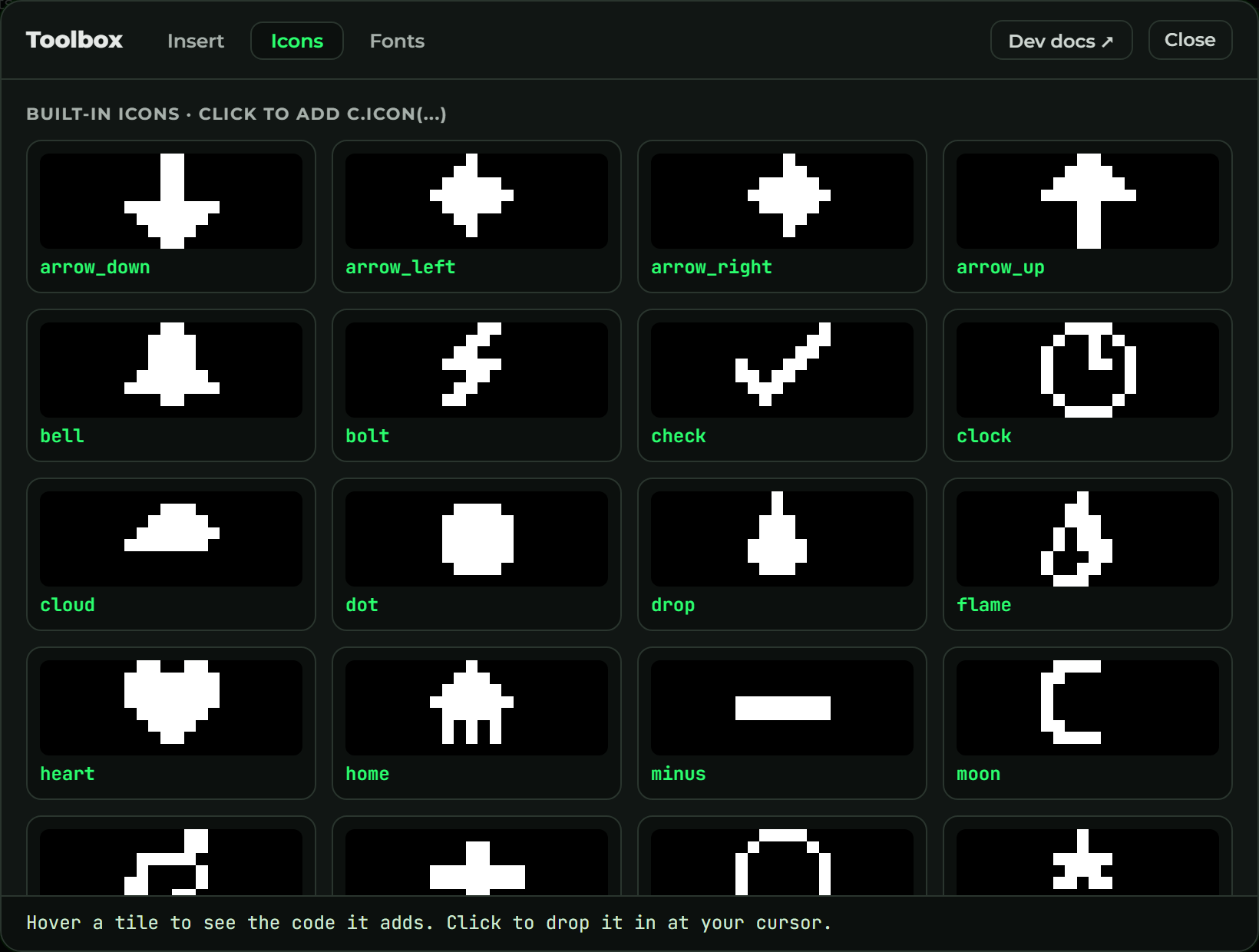 The Toolbox Icons tab, a grid of built-in icon previews: arrows, bell, bolt, check, clock, heart, home, moon, and more