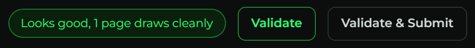 The Validate result reading 'Looks good, 1 page draws cleanly'